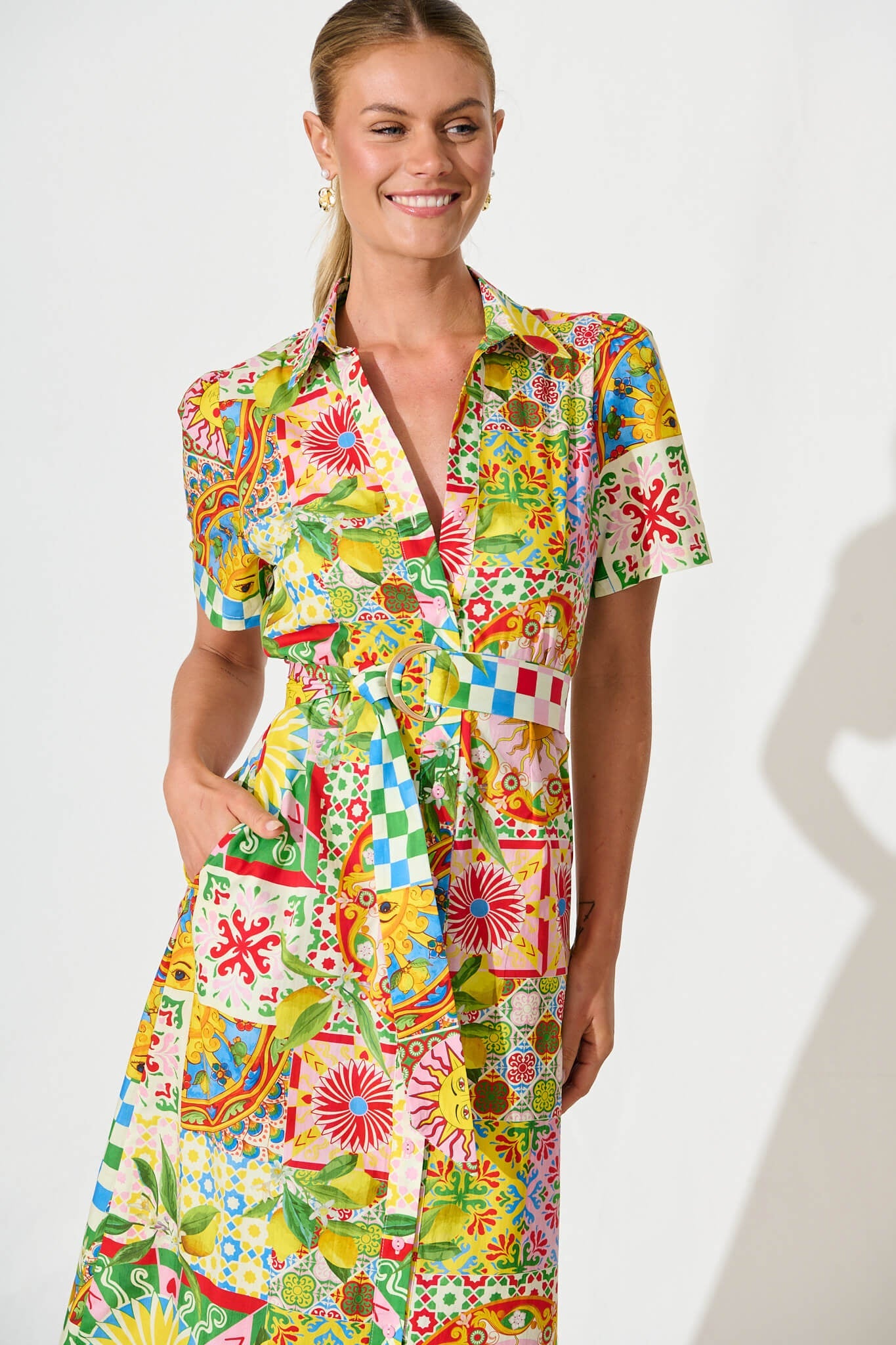 Figaro Midi Shirt Dress in Multi Patchwork Cotton