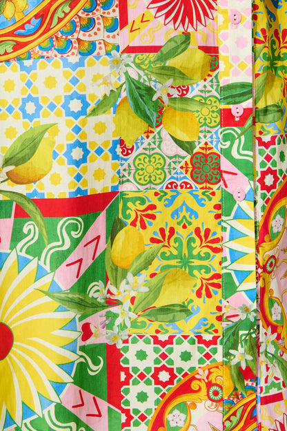 Figaro Midi Shirt Dress in Multi Patchwork Cotton