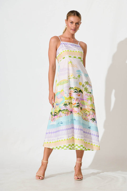 Kailana Maxi Sundress in Tropical Border Print Cotton