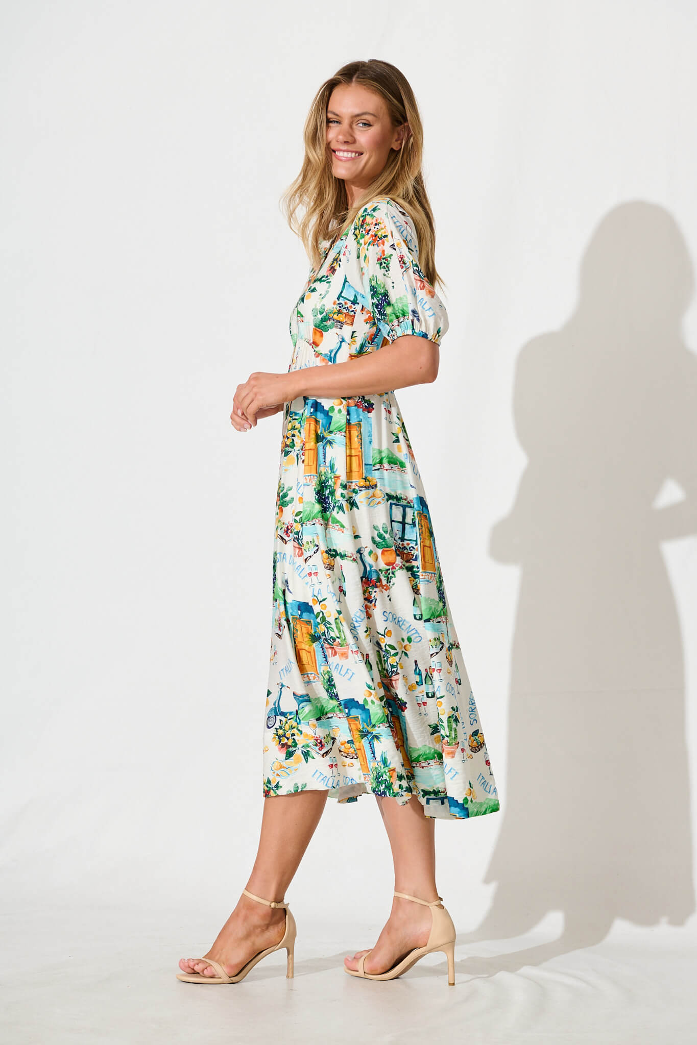 Shelly Midi Dress in White with Multi Summer Print