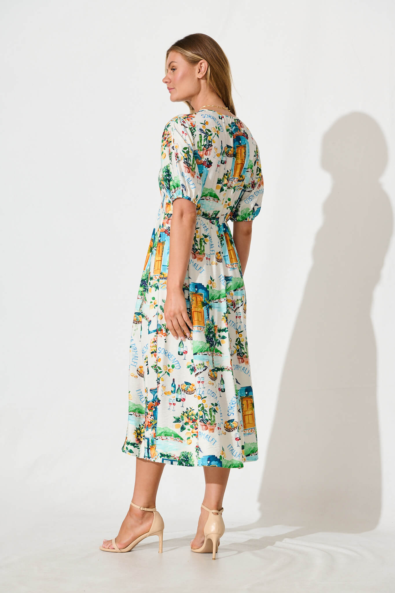 Shelly Midi Dress in White with Multi Summer Print