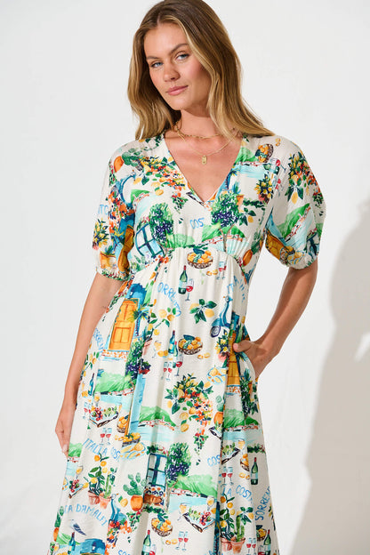Shelly Midi Dress in White with Multi Summer Print