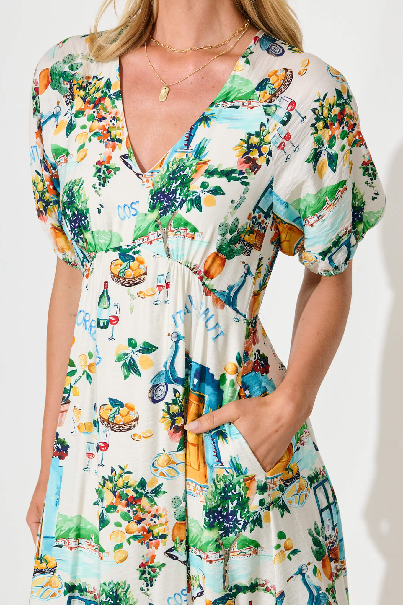 Shelly Midi Dress in White with Multi Summer Print