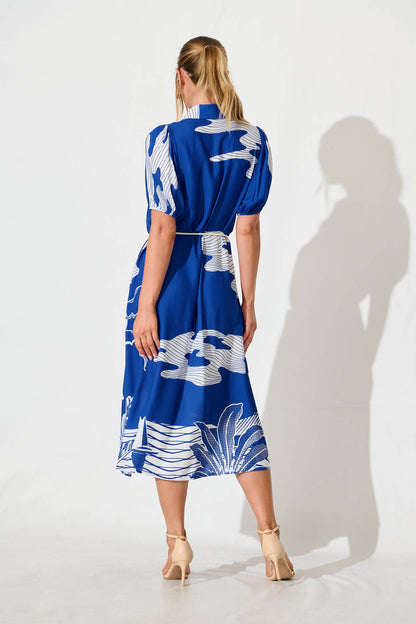Dearest Midi Shirt Dress in Blue with White Print