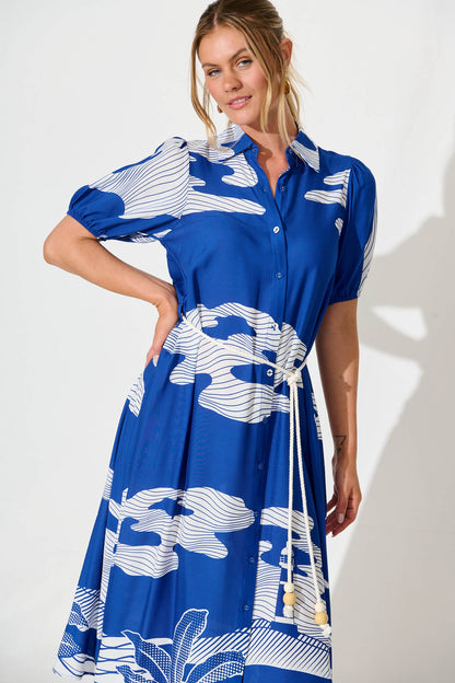 Dearest Midi Shirt Dress in Blue with White Print