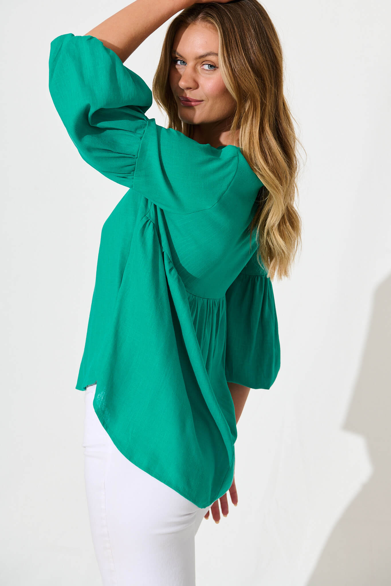 Jasper Top In Teal Linen Blend