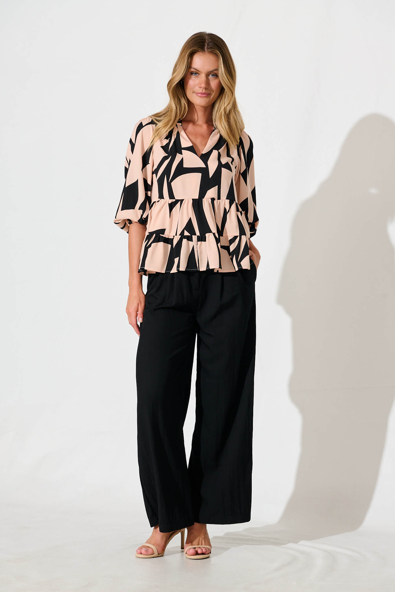 Talena Top in Black and Beige Geometric Print