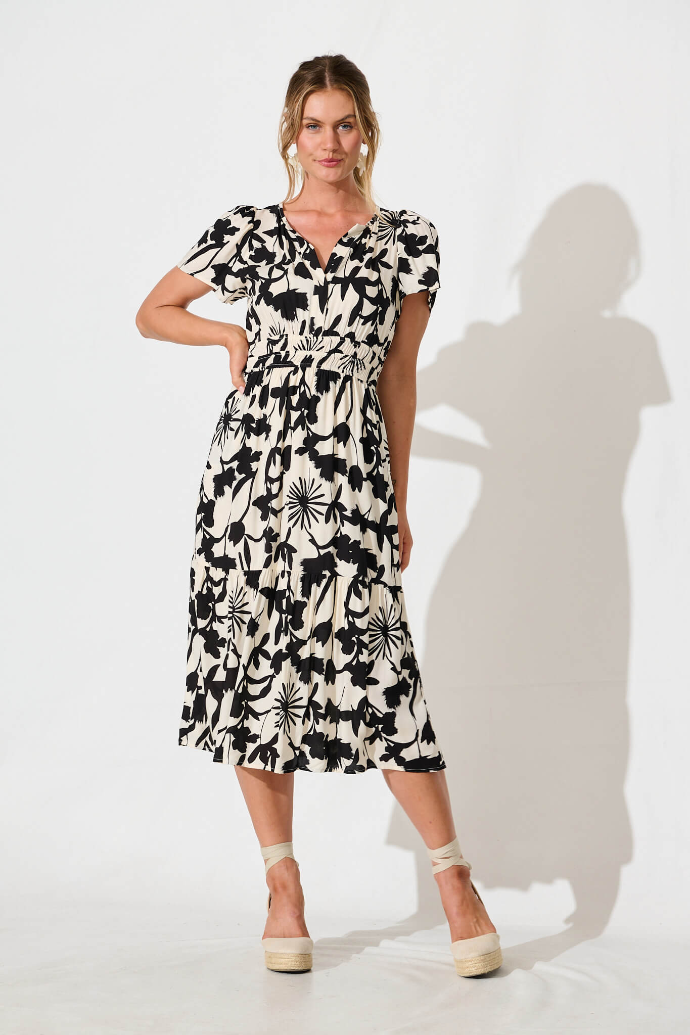 Pinarello Midi Dress in Cream with Black Print