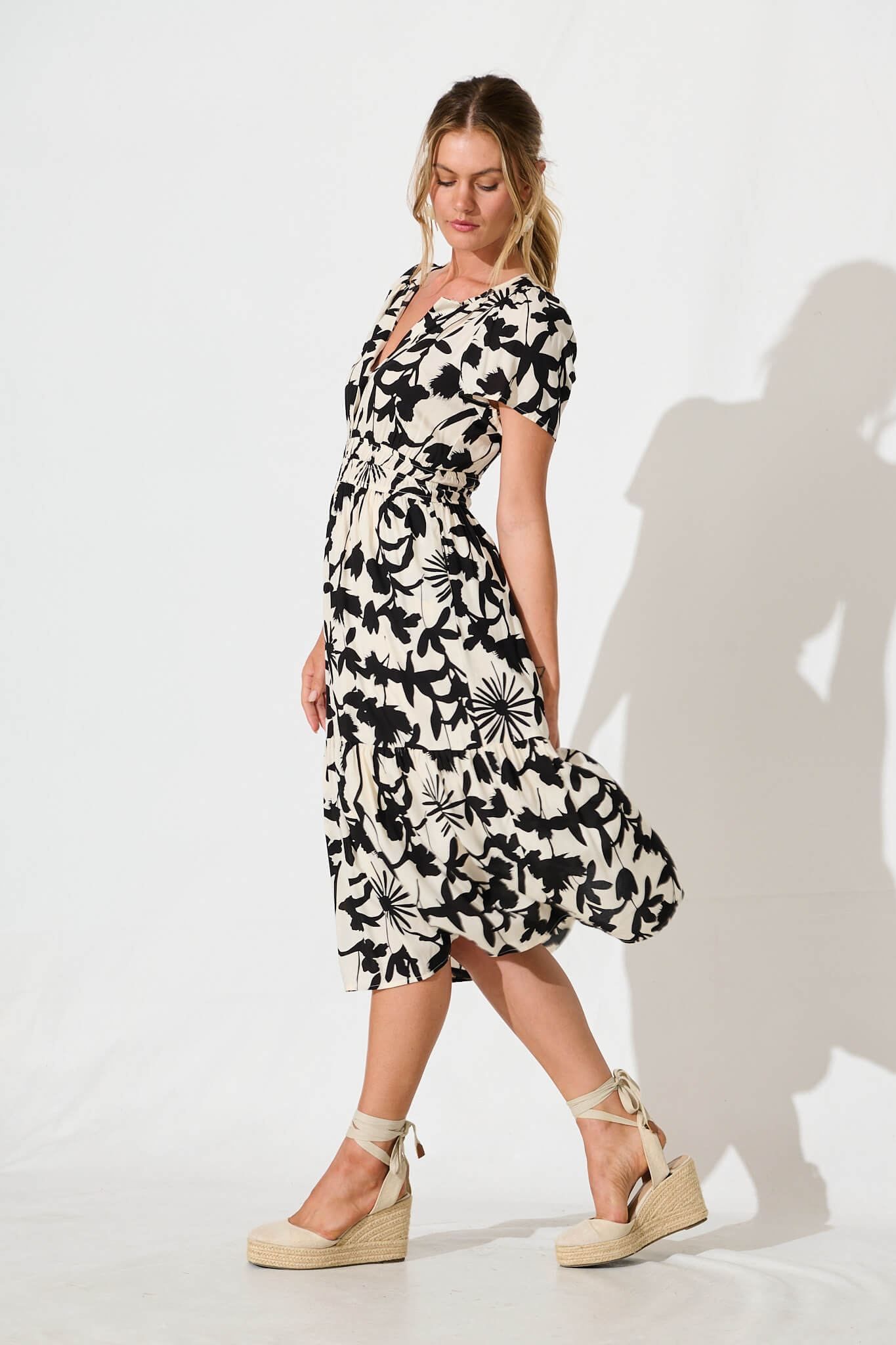 Pinarello Midi Dress in Cream with Black Print