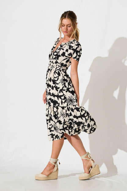 Pinarello Midi Dress in Cream with Black Print