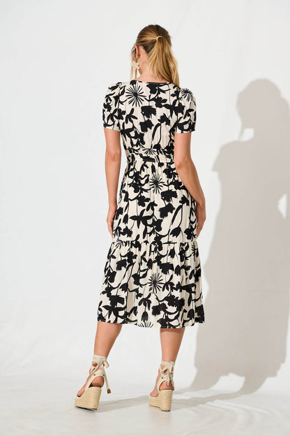 Pinarello Midi Dress in Cream with Black Print