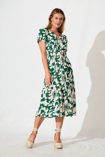Pinarello Midi Dress in Cream with Emerald Print