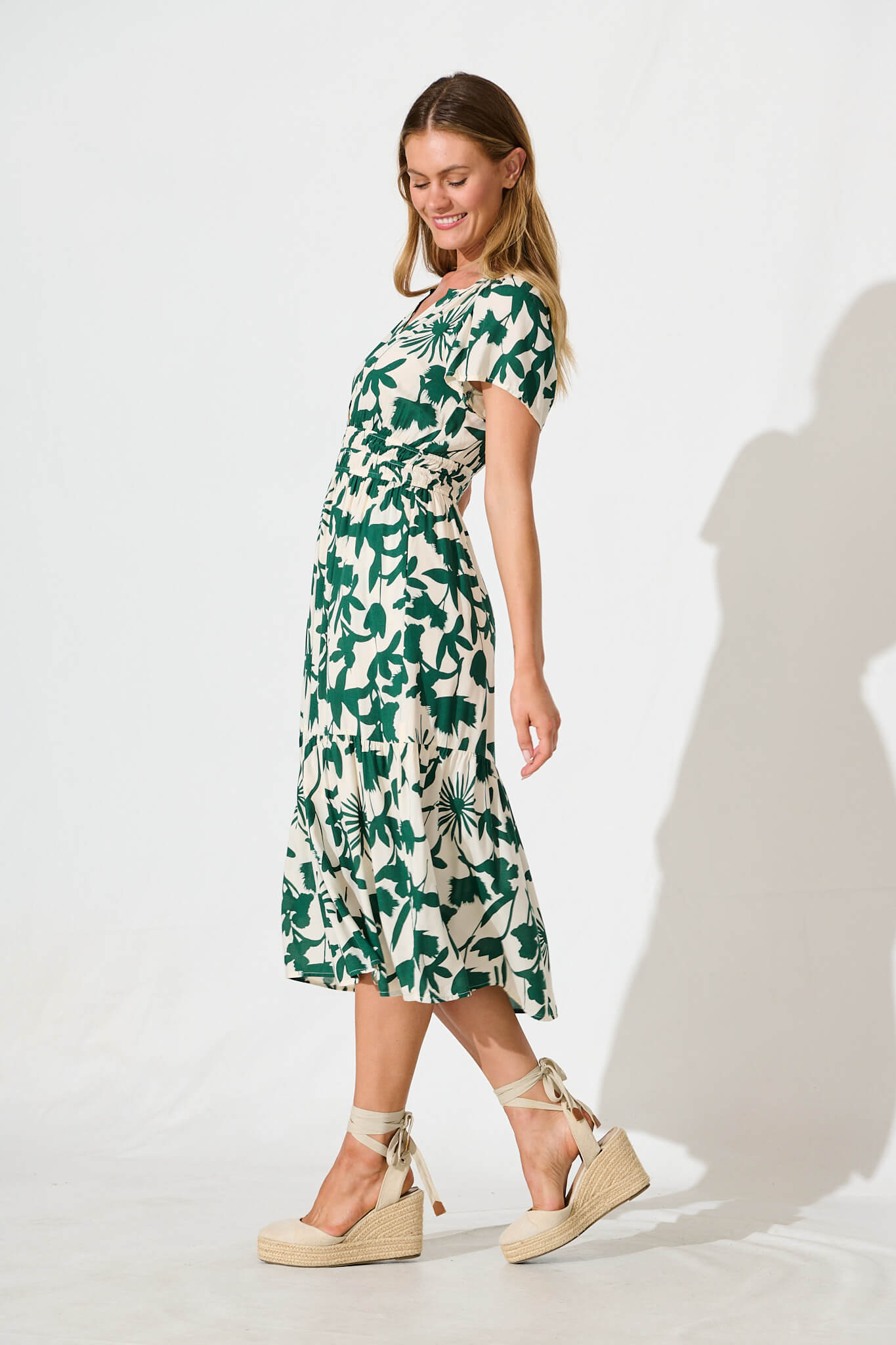 Pinarello Midi Dress in Cream with Emerald Print