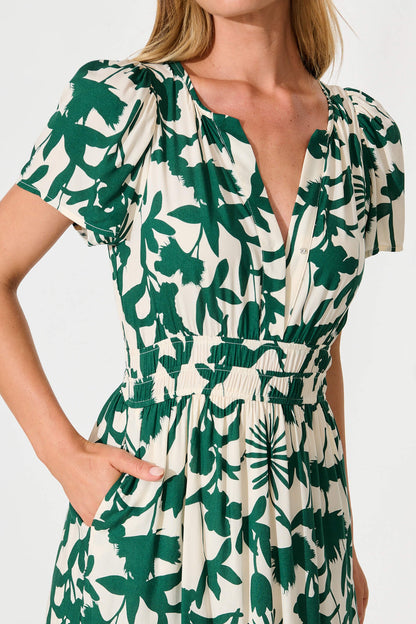 Pinarello Midi Dress in Cream with Emerald Print