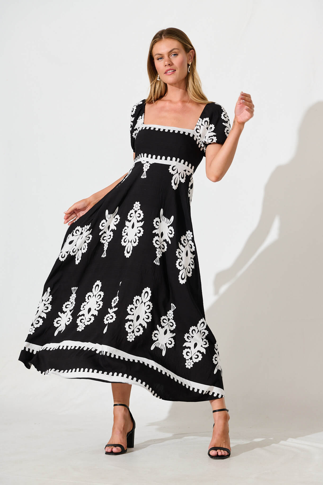 Norvi Maxi Dress in Black with White Print