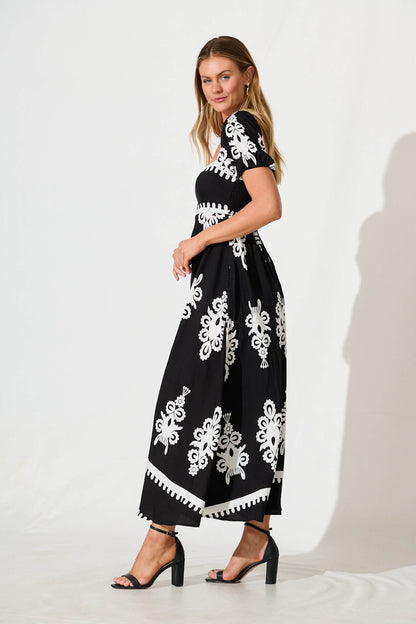 Norvi Maxi Dress in Black with White Print