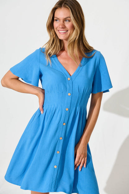 Amaya Dress in Blue Linen Blend