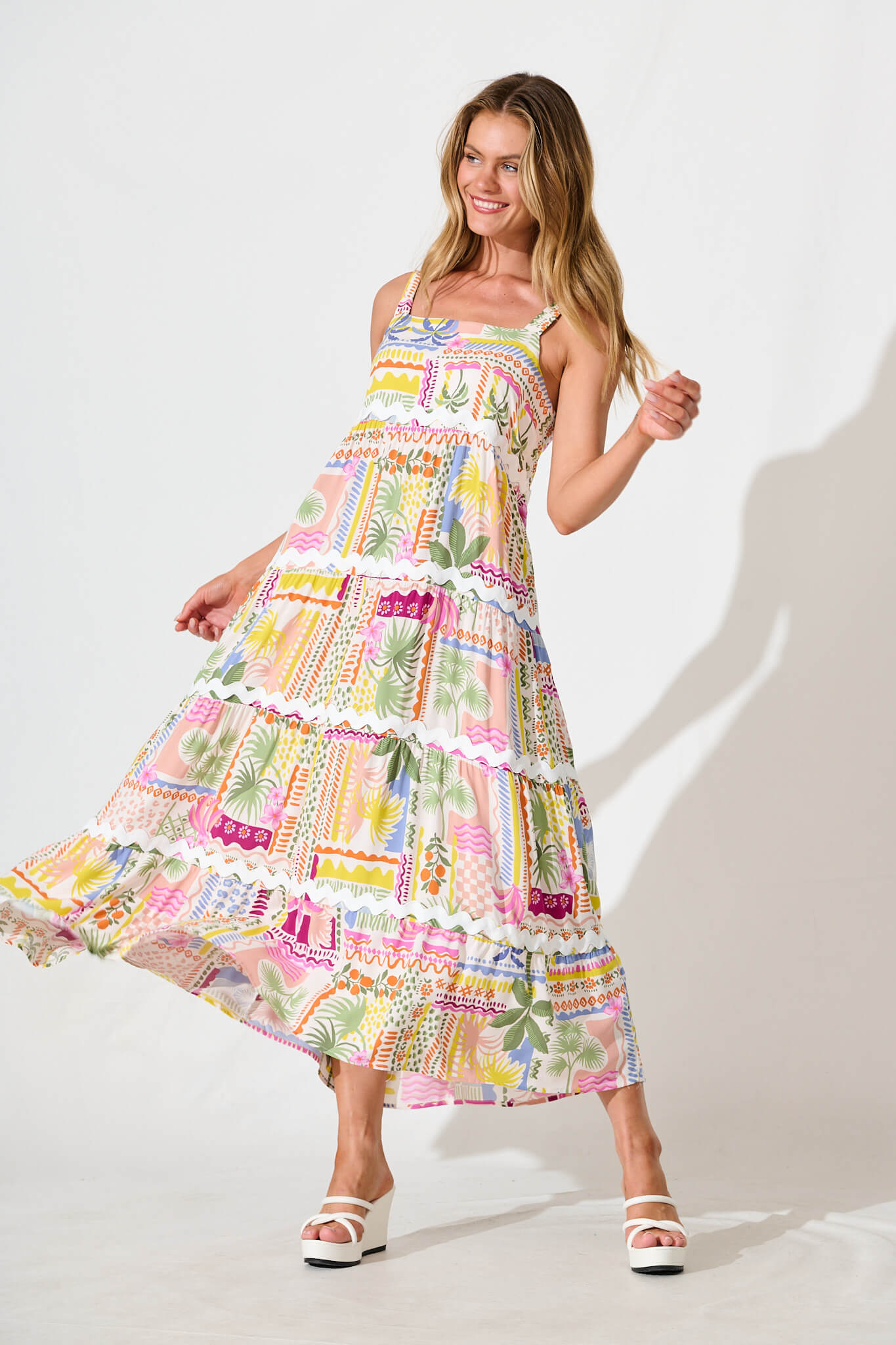 Jolie Maxi Sundress In Multi Palm Print With Ric Rac Trim