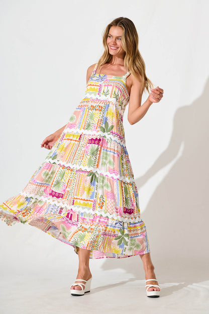 Jolie Maxi Sundress In Multi Palm Print With Ric Rac Trim