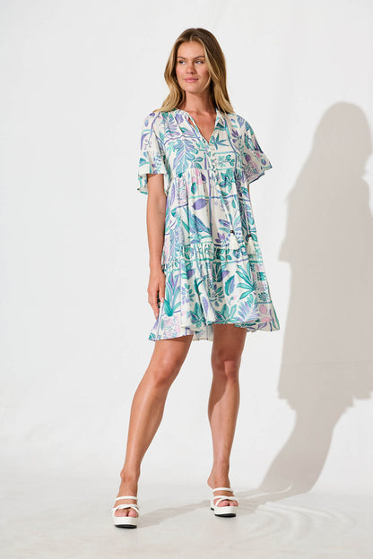 Northcote Smock Dress in White with Green and Blue Leaf