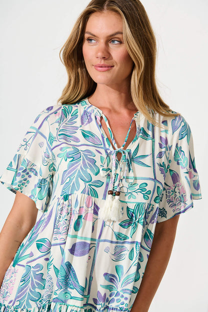 Northcote Smock Dress in White with Green and Blue Leaf