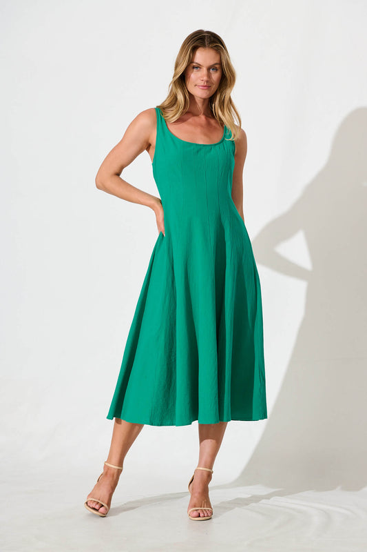 Shaima Midi Sundress in Green Cotton