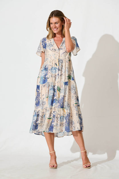 Marvela Midi Shirt Dress In Blue Vintage Floral