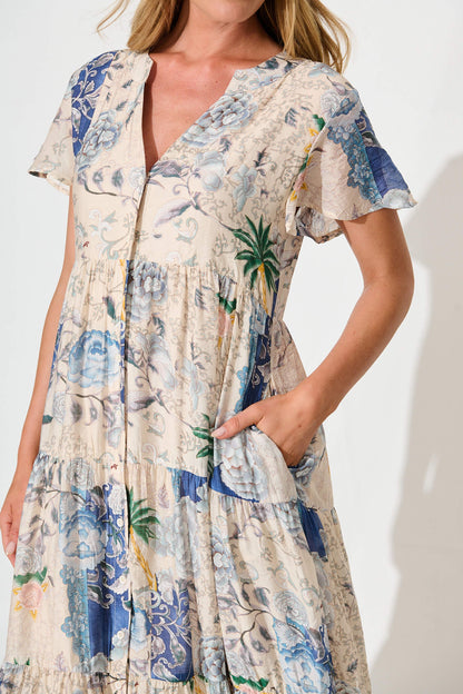 Marvela Midi Shirt Dress In Blue Vintage Floral