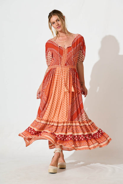 Minara Maxi Dress in Multi Orange Patchwork
