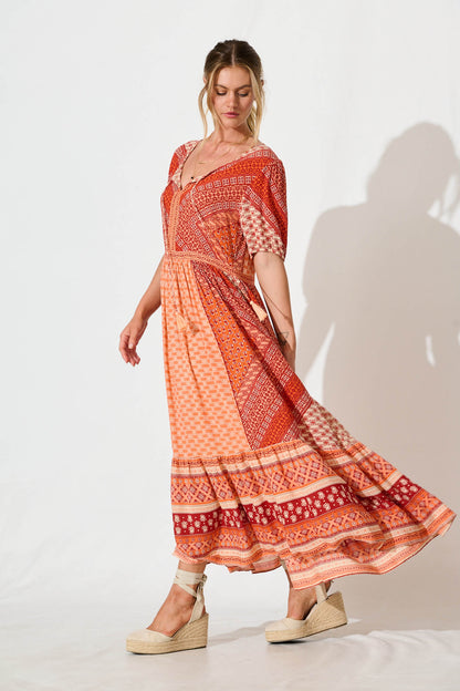 Minara Maxi Dress in Multi Orange Patchwork