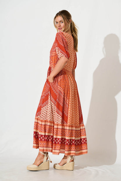 Minara Maxi Dress in Multi Orange Patchwork