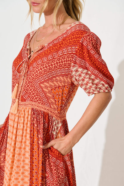 Minara Maxi Dress in Multi Orange Patchwork