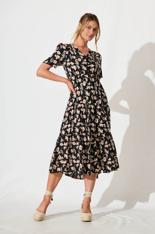 Roshina Midi Dress in Black with Multi Floral