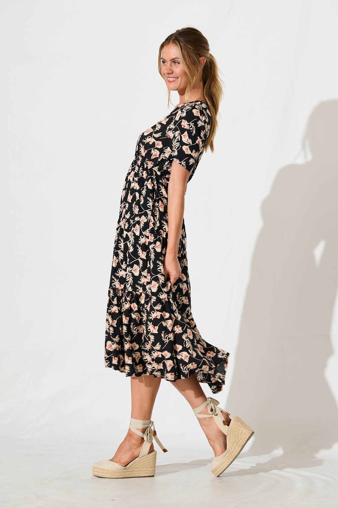 Roshina Midi Dress in Black with Multi Floral