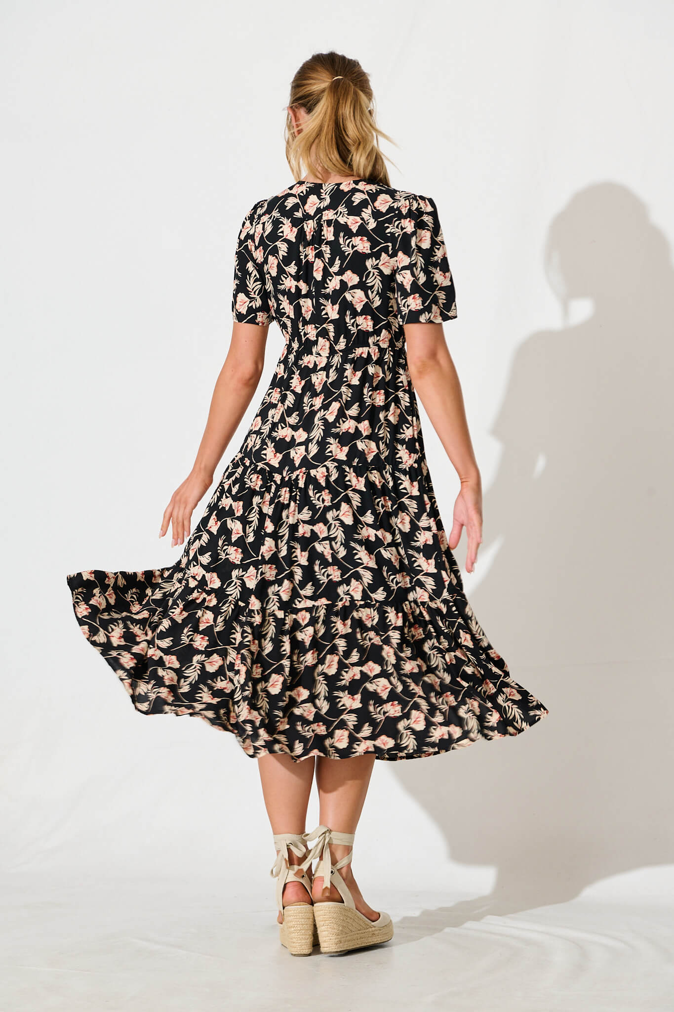 Roshina Midi Dress in Black with Multi Floral