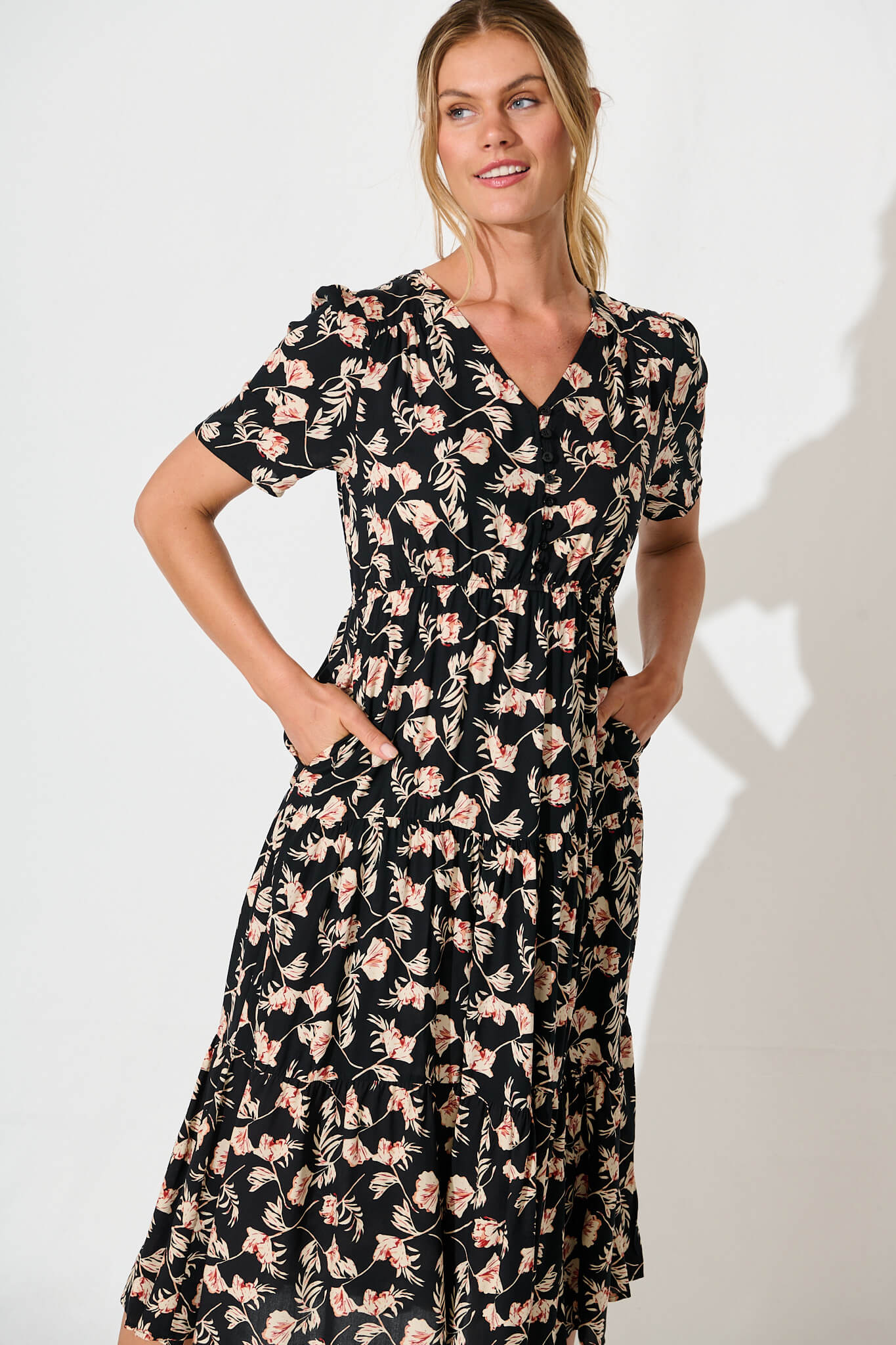 Roshina Midi Dress in Black with Multi Floral