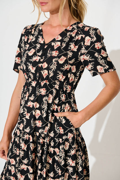 Roshina Midi Dress in Black with Multi Floral