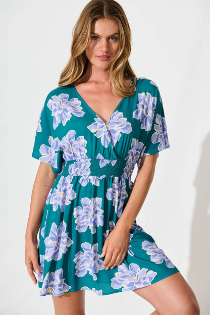 Sharlin Dress In Emerald With Blue Floral
