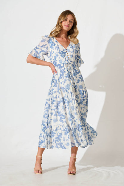 Chavira Maxi Dress in White with Blue Flower