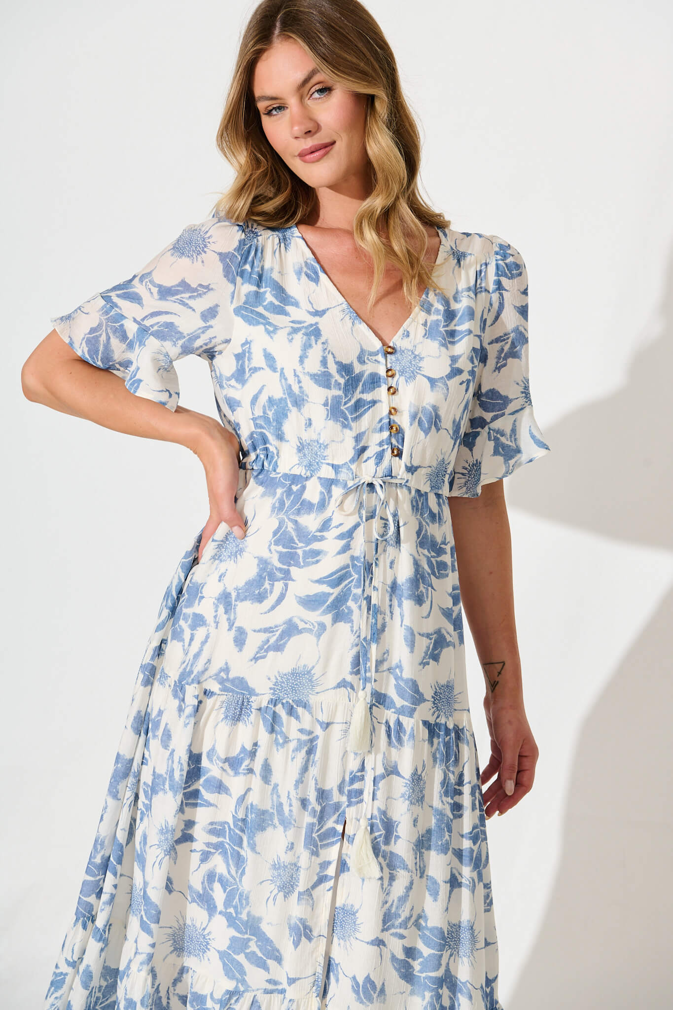 Chavira Maxi Dress in White with Blue Flower