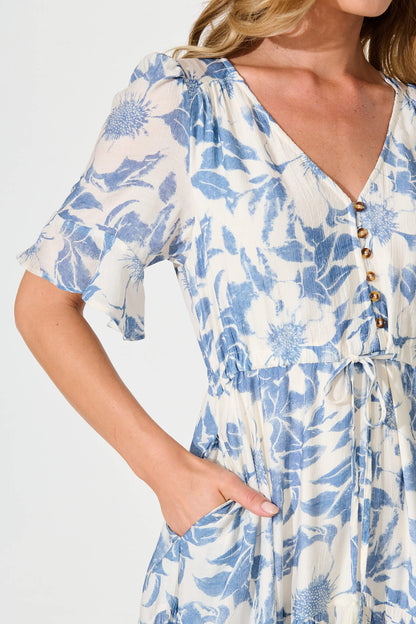 Chavira Maxi Dress in White with Blue Flower