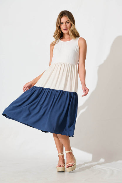 Cecily Midi Dress In Navy Colourblock Linen Blend