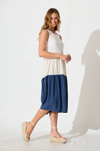 Cecily Midi Dress In Navy Colourblock Linen Blend