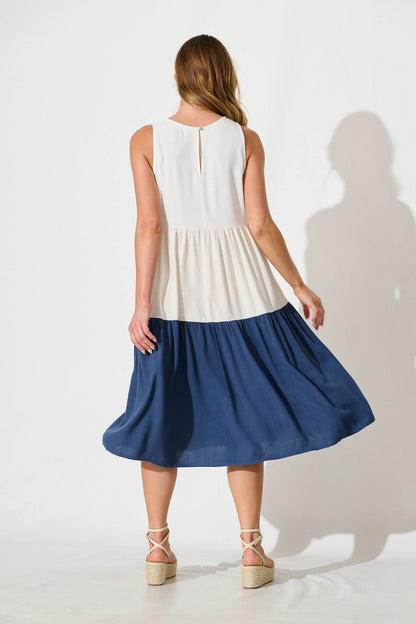 Cecily Midi Dress In Navy Colourblock Linen Blend