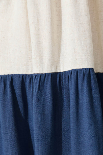 Cecily Midi Dress In Navy Colourblock Linen Blend