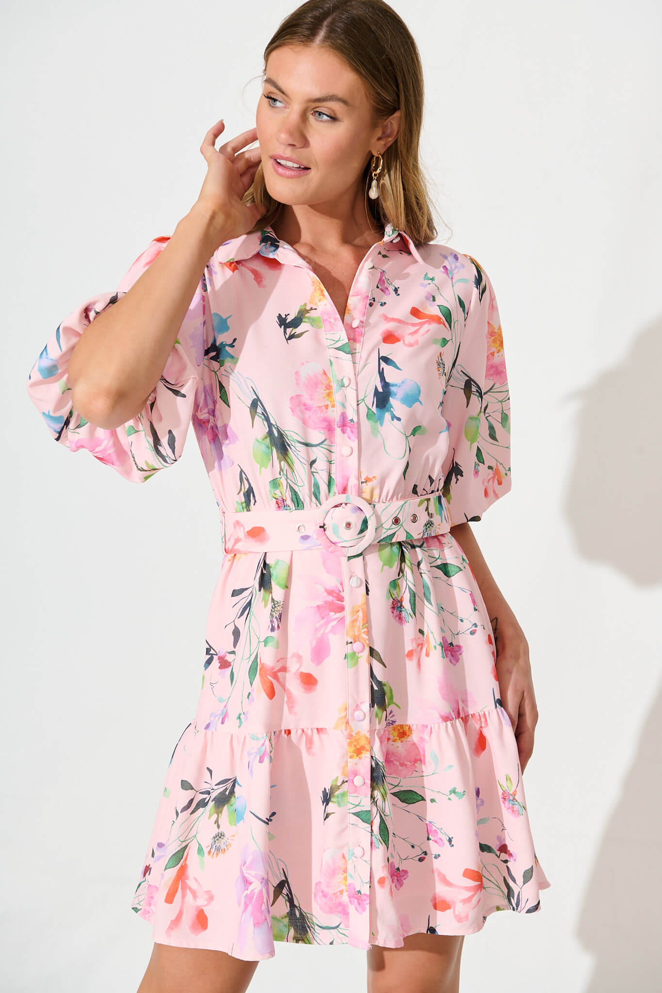 Courtney Shirt Dress In Pink with Multi Floral