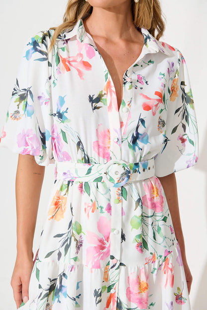 Courtney Shirt Dress In White With Multi Floral