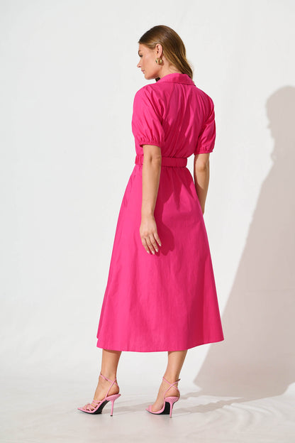 Lydon Midi Dress in Hot Pink Cotton