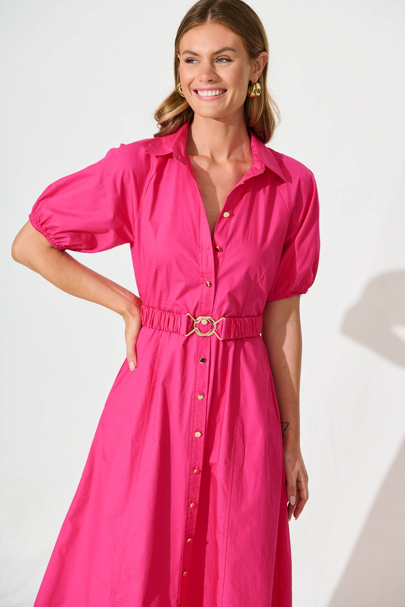 Lydon Midi Dress in Hot Pink Cotton
