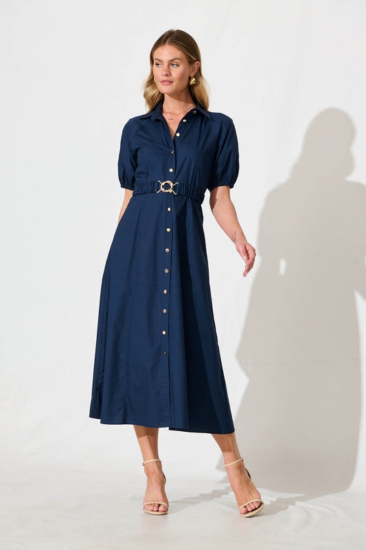 Lydon Midi Dress in Navy Cotton